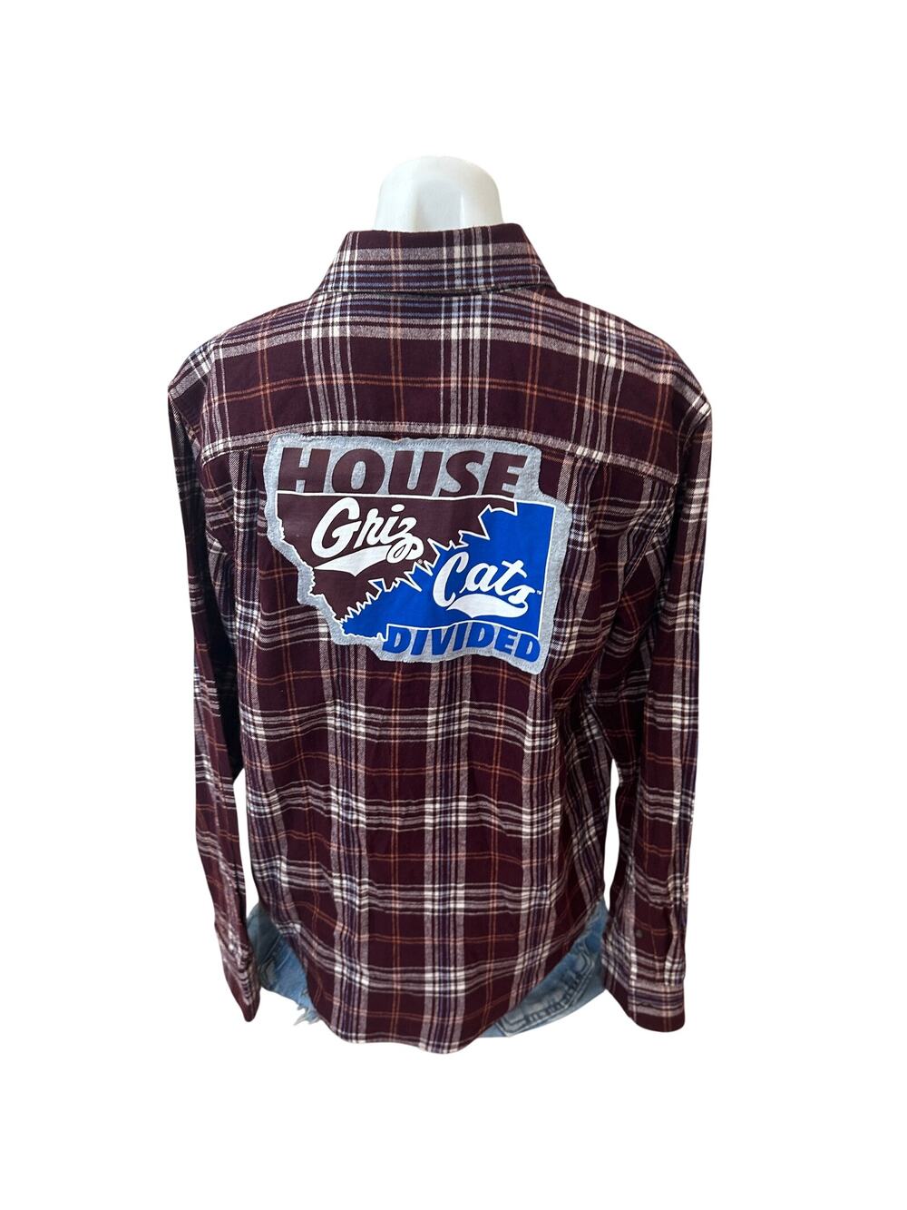 Bobcat Griz House Divided Plaid Flannel Shirt SMALL Unique Football Montana
